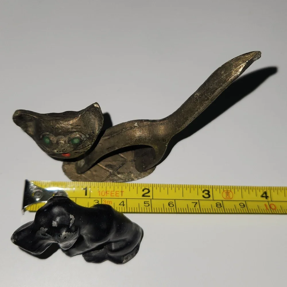 Vintage Patina Metal Dog Figurine & Cat Ring Holder Accent Decor Collectible